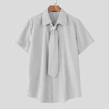 AIDASE  -  Men Striped Shirt Lapel Short Sleeve Tie Up Casual Men Clothing Summer Shirts Streetwear 2025 Fashion Male Tops S-5XL aidase-shop